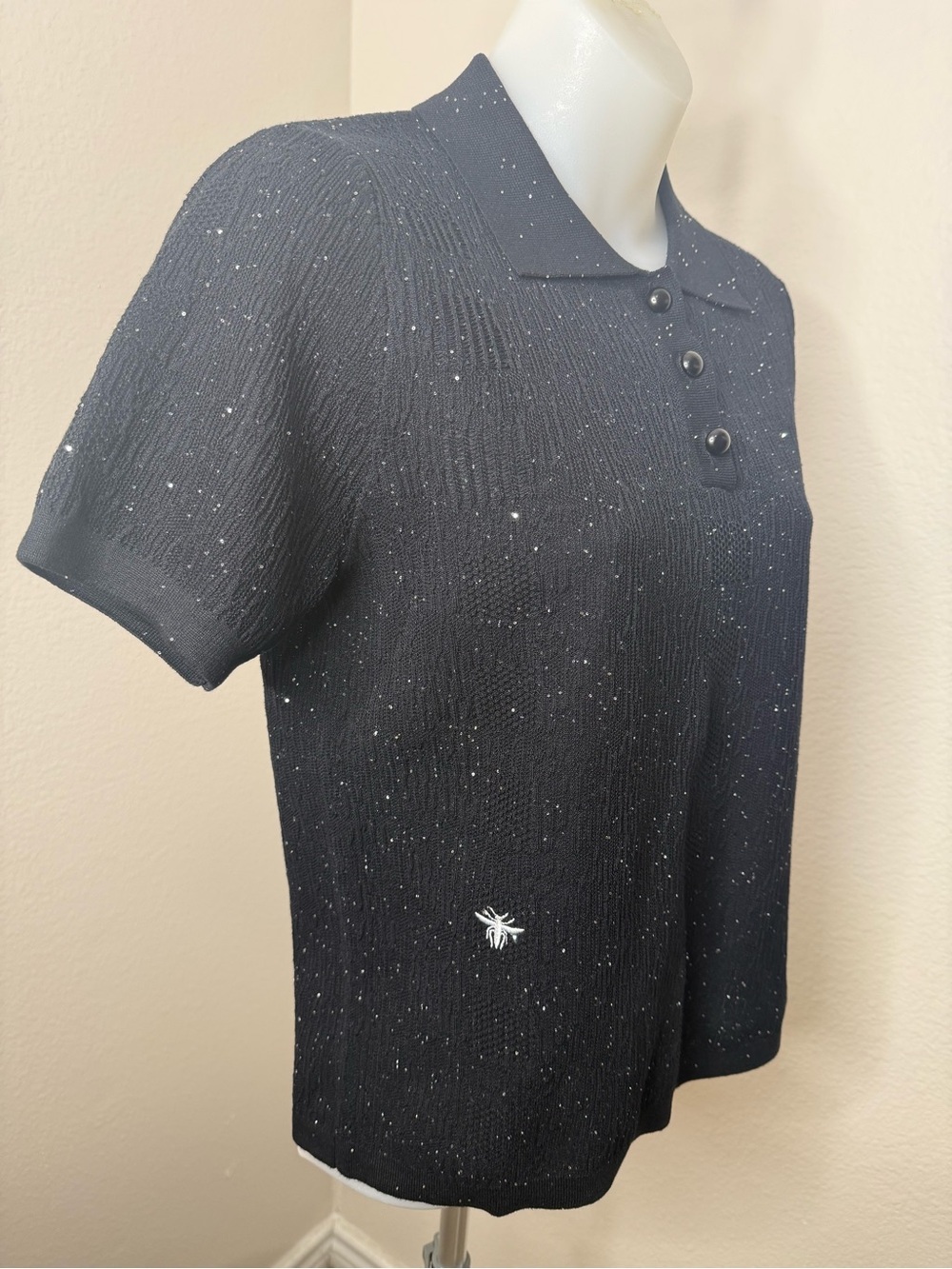 Christian Dior Paris Black Sparkle Polo with Bee Emblem Sz 8